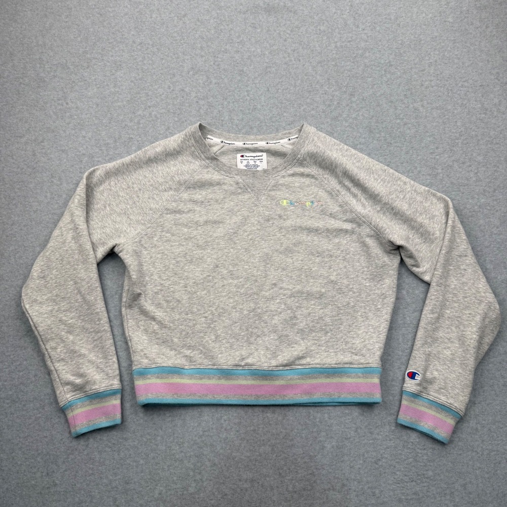 Champion Sweatshirt Womens Medium Gray Pastelcore Cropped Striped Pullover Logo
